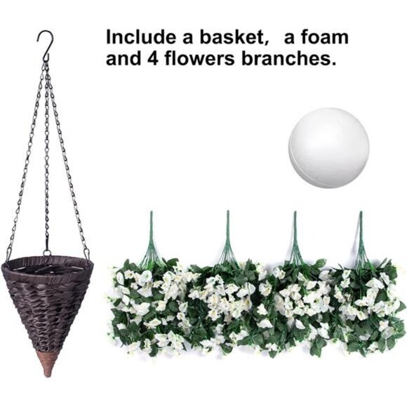 Artificial Faux Hanging White Flowers Plants Basket for Outdoor Outside - Picture 4 of 7